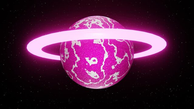 3D pink neon and glitter abstract looped background. Pink and silver disco planet with glowing hoop. Stars in galaxy dark space. Y2K 80s retro wallpaper. Bright colors. 4K animation 30 fps