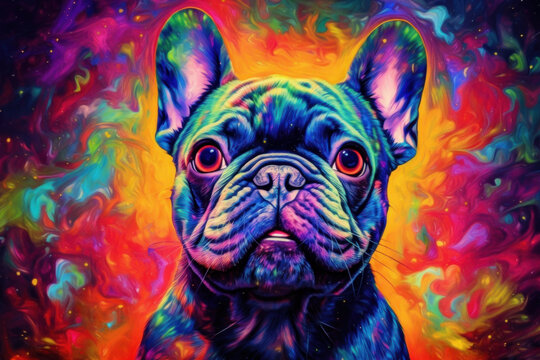 Portrait of a french bulldog created with bright paint splatters. Generative AI