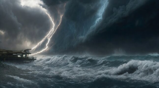 a tropical hurricane storm reaching the beach with stormy sea, giant cloud formation and flashes. Generative AI.