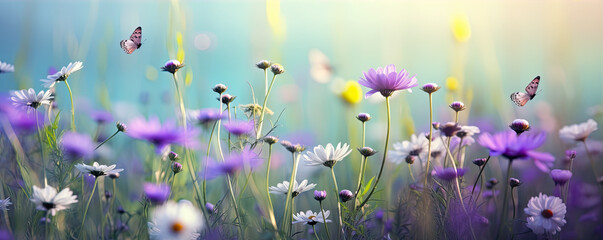 Chamomile wild flowers in the field in the sunlight licht purple color background.