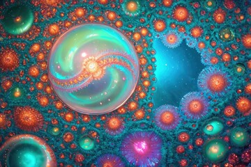 Animal cell under microscope. Extraterrestrial Biological protein life. Cosmic mind. Mysterious psychedelic relaxation. Fractal abstract pattern. Digital artwork creative graphic design. Generative AI