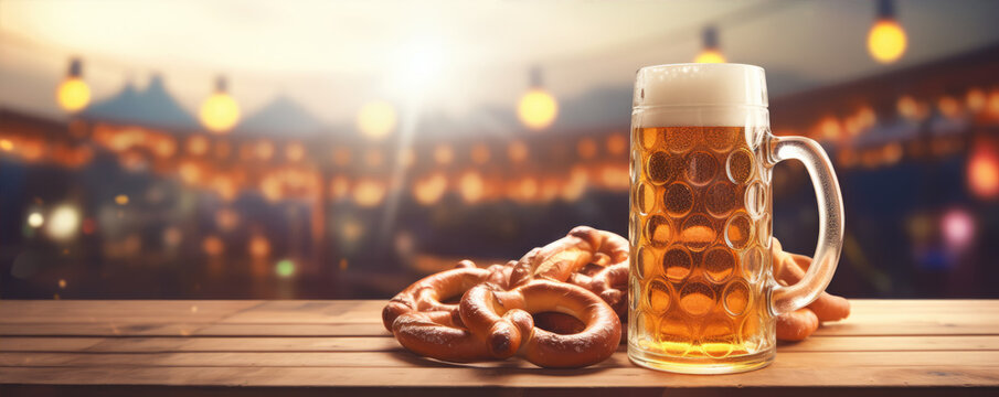 bavarian oktoberfest pretzels on wooden table with beer from Germany.