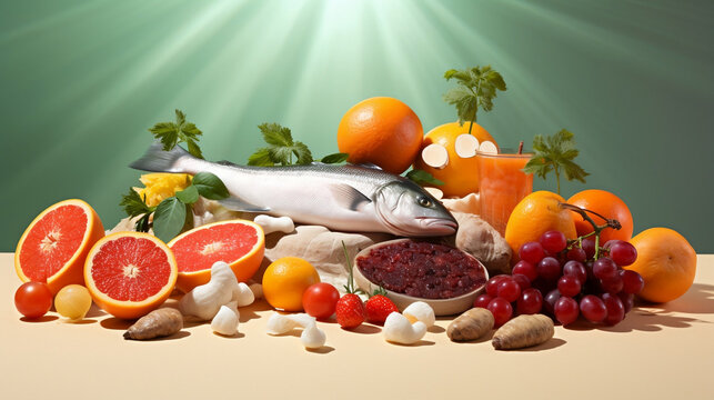 Healthy food concept, vitamins new quality universal colorful technology stock image illustration design, generative ai