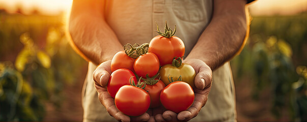 Farmer holding fresh tomato in his hands. wide banner - obrazy, fototapety, plakaty