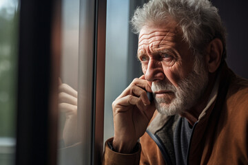 Thoughtful senior man sitting near the window . High quality photo