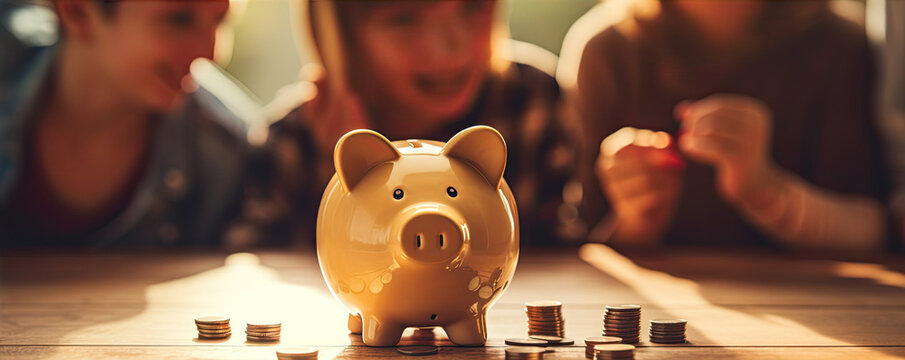 Familly saving money in piggy bank. wide banner