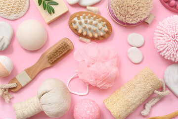 Composition with different bath accessories on pink background