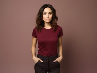 Obraz premium Portrait of a beautiful fictional woman smiling. Brunette model wearing a red t-shirt, isolated on a plain colored background. Generative AI illustration.