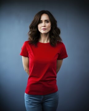 Portrait of a beautiful fictional woman smiling. Brunette model wearing a red t-shirt, isolated on a plain colored background. Generative AI illustration.