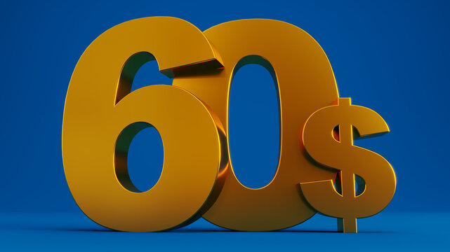 golden sixty dollars isolated on colored blue background, 3D render