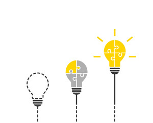 Obraz na płótnie Canvas Process of an innovative idea concept with light bulb made of puzzle. Thinking, solution and innovation concept with shiny yellow lightbulb in the end. Vector illustration isolated on white background