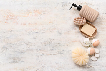 Composition with different bath supplies on grunge background