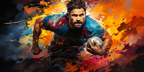 Creative vibrant male rugby player illustration. Abstract Rugby World Cup banner illustration - obrazy, fototapety, plakaty