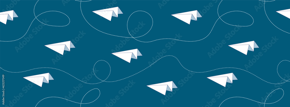 Poster paper airplane. seamless pattern with dotted line and paper airplane. abstract background in the sty