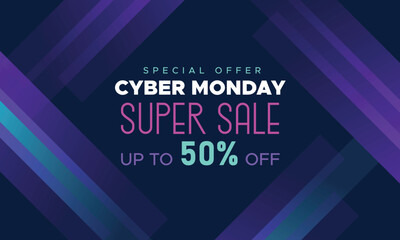 Cyber Monday Colorful Neon Style Super Sale Web Banner. Cyber Monday Sale Special Offer Social Media Post Design. Business, Promotion, and Advertising Vector Template. Seasonal Offers Mega Big Sale