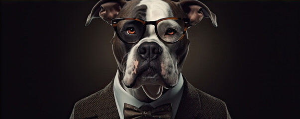 dog in glasses sitting on dark background. with cool suit and tie.