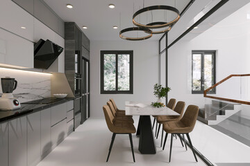 modern kitchen and dining table, 3d render