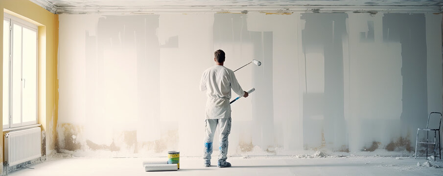 Painter is painting a white wall with paint roller.