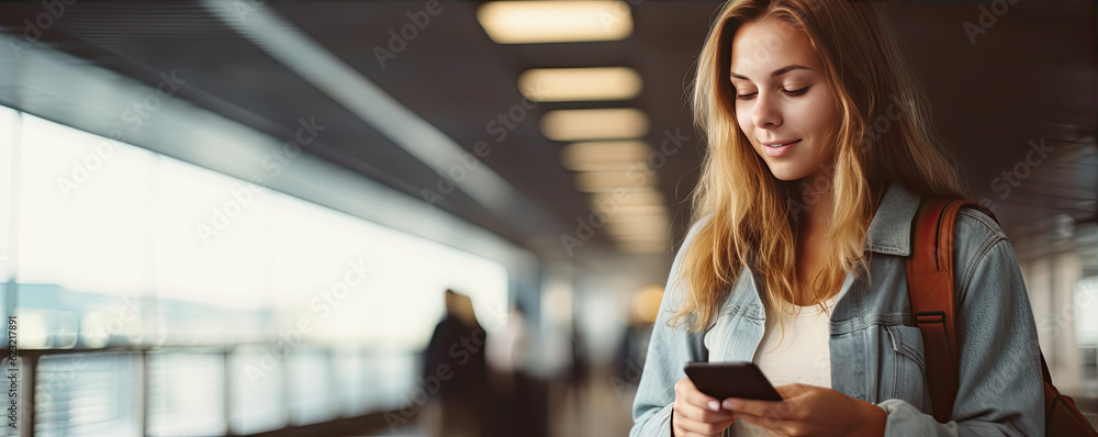 Wall mural woman using smartphone in public areas, wide banner, copy space for text