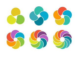 Obraz premium set of color pie charts of 3, 4, 5, 6, 8, and 10 parts or elements for visualizing infographics, business plans, marketing, and reporting. Simple design
