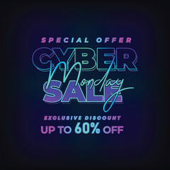 Cyber Monday Colorful Neon Style Super Sale Web Banner. Cyber Monday Sale Special Offer Social Media Post Design. Business, Promotion, and Advertising Vector Template. Seasonal Offers Mega Big Sale