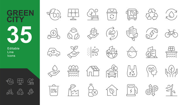 Green City Line Editable Icons set. Vector illustration in modern thin line style of eco related icons: CO2 neutral, zero waste, use bike, green energy, air and water quality. Isolated on white