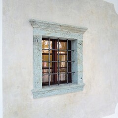 Solid brick window with bars , slovenia , Bled island church , middle age
