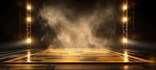 fire stage with spotlights shine on floor in dark room, idea for background backdrop, Generative Ai