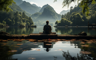 A man practicing mindfulness and meditation in a peaceful natural environment sony A7s realistic...
