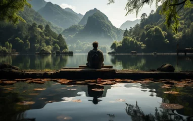 Fototapete Berge A man practicing mindfulness and meditation in a peaceful natural environment sony A7s realistic image, ultra hd, high design very detailed