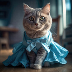 Cat dressed up in blue dress