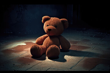 Forgotten teddy bear sitting in the dark abandoned room. Lonely concept. 