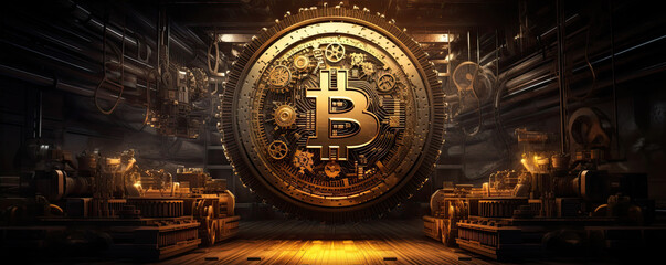 Bitcoin with gold lights. wide banner
