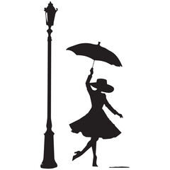 Beautiful young woman dancing with an umbrella, vector illustration silhouette