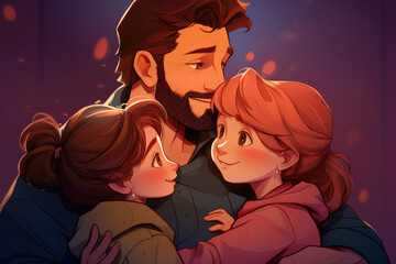drawing in honor of father's day, a father hugging his son and daughter, ai generated.