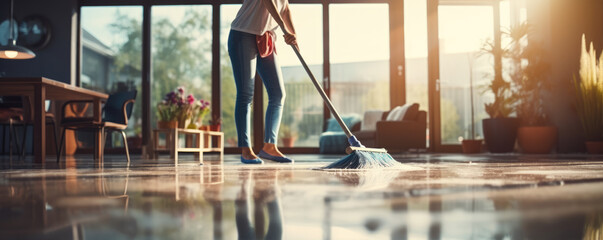young woman mopping floor in modern house.