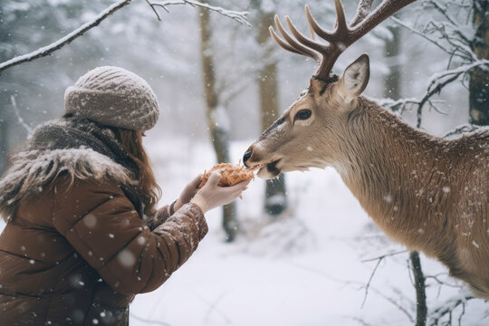 photo showing a person feeding a deer, in the snow, hyperrealistic photography, ai generated.