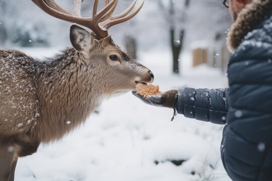 photo showing a person feeding a deer, in the snow, hyperrealistic photography, ai generated.