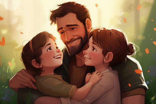 drawing in honor of father's day, a father hugging his son and daughter, ai generated.
