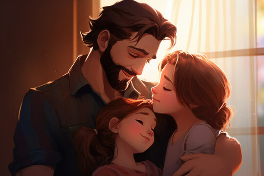 drawing in honor of father's day, a father hugging his son and daughter, ai generated.