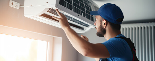 Electrician man repairing air conditioner system