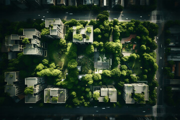 A modern city with a lot of trees and plants near multi-storey buildings and rooftop gardens, aerial view
