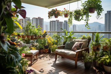 Fototapeta na wymiar Cozy balcony of a high-rise building with plants, a green haven for a quiet retreat, stress reduction in a green environment