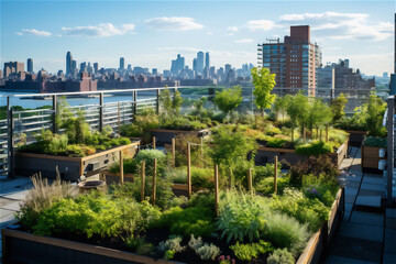 Fototapeta premium Gardens on the roofs of the modern city, the concept of urban greening and ecological future