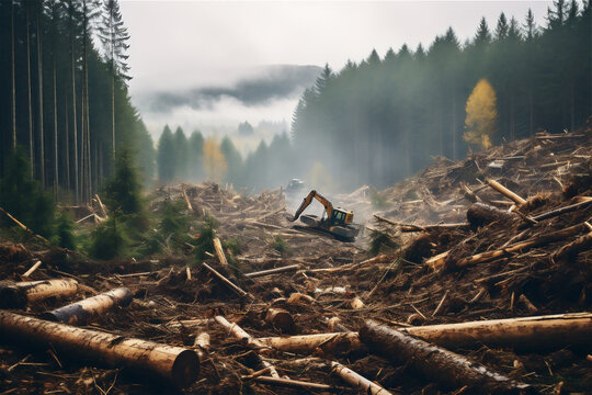 Deforestation in rural areas, destruction of forests with heavy machinery and timber harvesting.