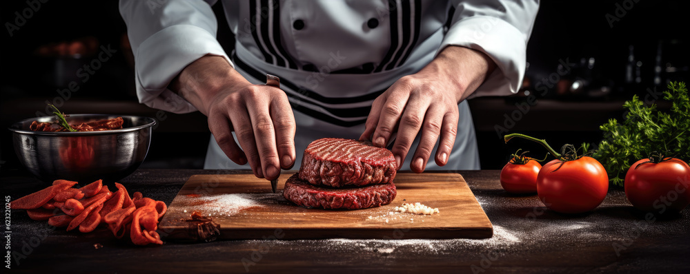 Wall mural chef prepare finest hamburger. wide banner