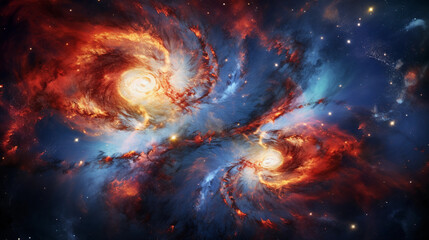 Cosmic ballet of spiral galaxies colliding, a celestial dance of stars and gas clouds, vibrant colors, space telescope imagery, high resolution, spectacular, Hubble inspired - obrazy, fototapety, plakaty