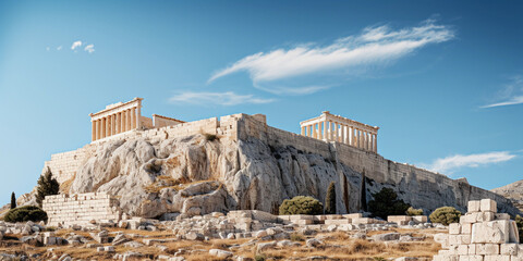 Detailed image of the Acropolis in Athens, white marble gleaming in the afternoon sunlight, clear blue sky, Olympus OM - D E - M1X