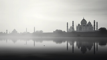 High contrast monochrome shot of the Taj Mahal reflecting in the still waters of the Yamuna river at dawn