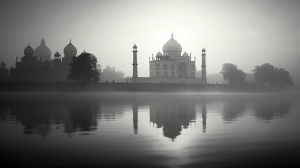 Fototapeta na wymiar High contrast monochrome shot of the Taj Mahal reflecting in the still waters of the Yamuna river at dawn
